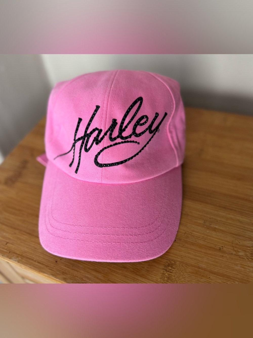Harley Davidson Motorcycle Pink Cap “Harley” In Black Bling Adjustable Strap NWT